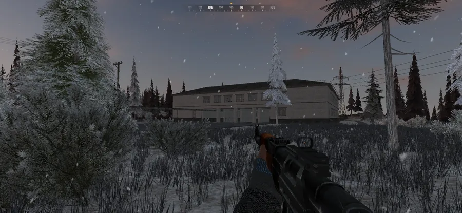 Abandoned two-storey building in a winter forest at dusk, first-person view with a rifle